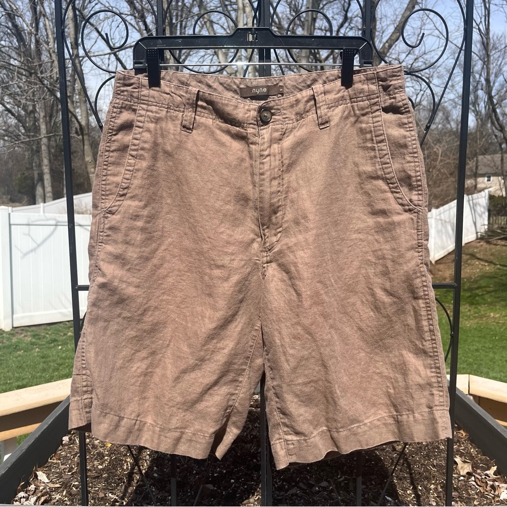 Nyne Men’s Brown Linen & Cotton Blend 10” Mid Rise Shorts Size 34 Lightweight